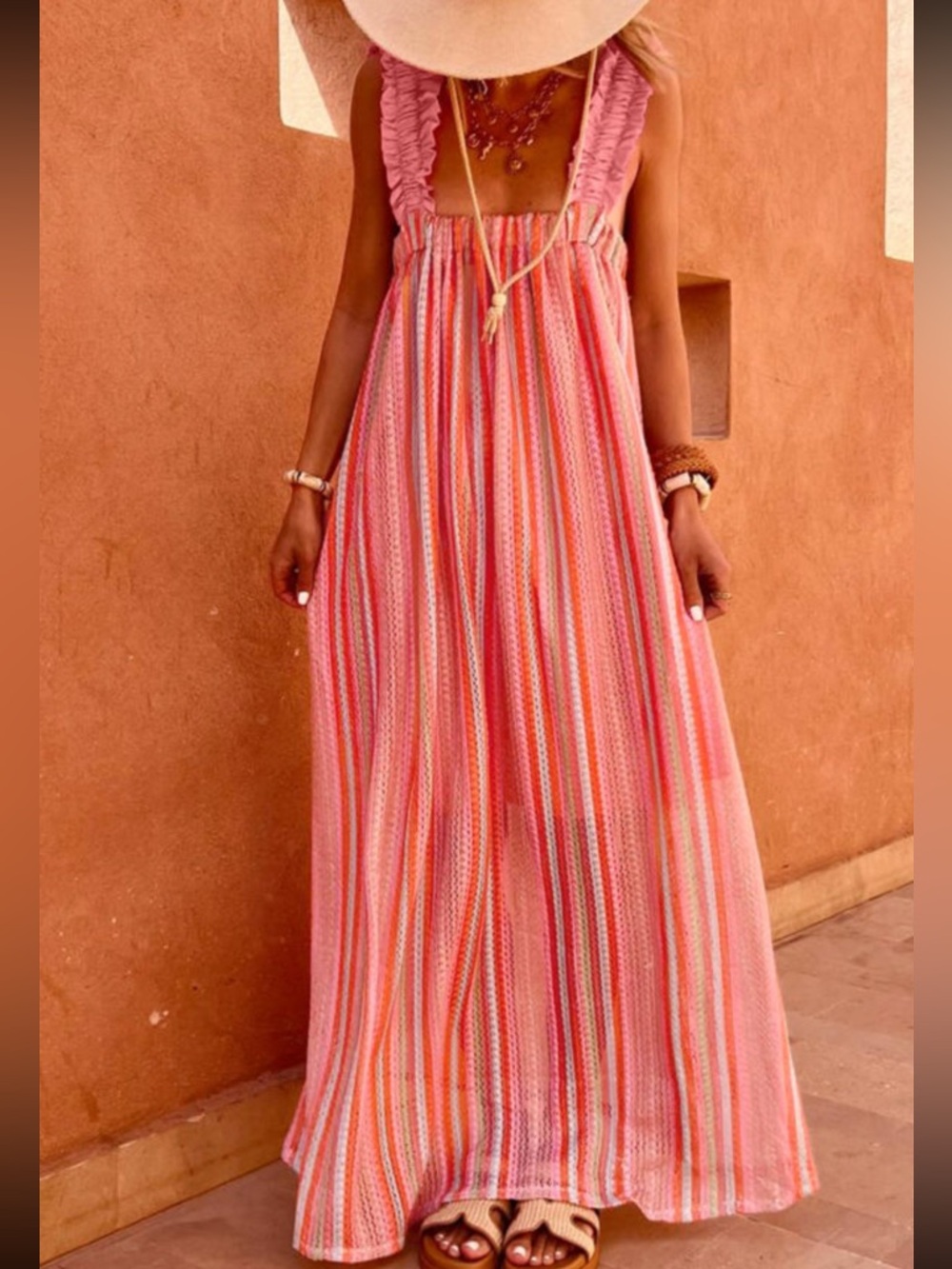 1210. Pink Striped ribbon bow tie flowy Maxi vacation dress